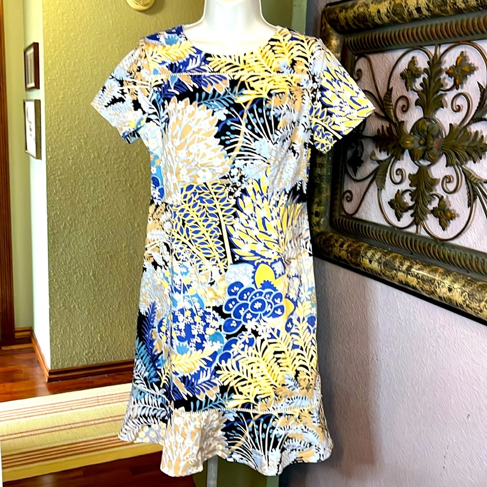 EUC Talbot's Shift Blue/ Yellow/ black/tan tropical print-lined dress Sz 4P